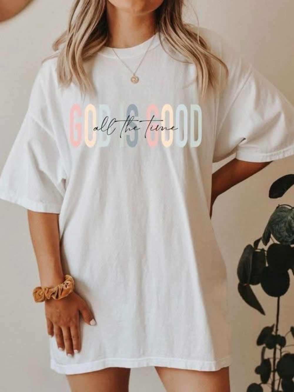 Bella Canvas White Short Sleeve Tee Dress with Multicolor Pastel Graphic